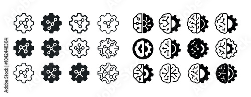 Gear and brain icon set illustrating engineering and ai concepts
