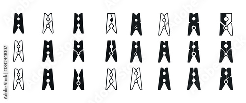 Collection of minimalist black and white clothespin icons in var
