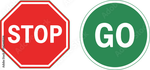 Red Octagonal Stop Sign Next to Green Circular Go Sign traffic sign