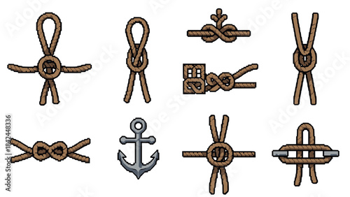 Pixel art nautical knots and anchor collection for digital design