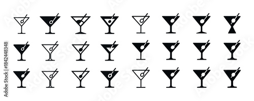 Black cocktail glass icon collection with straws and olives
