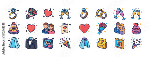 Colorful wedding icons set featuring rings hearts cake and champ