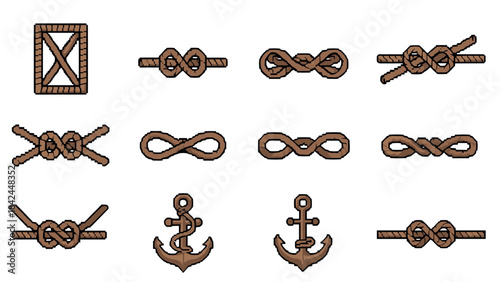 Pixel art nautical knots and anchors collection for marine design