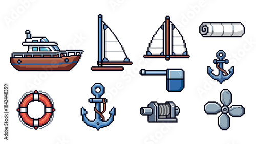 Nautical elements collection in detailed pixel art style for marine games and designs