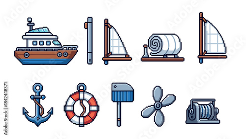 Pixel art nautical icons: sailboats, anchors, and marine equipment in cartoon style