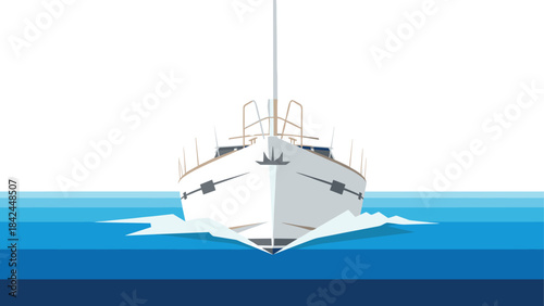 Minimalist sailboat on calm ocean with abstract blue waves