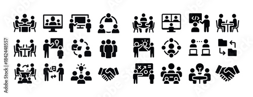Collaborative teamwork icon set depicting business meetings and