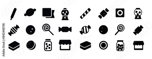Assorted candy icons set: lollipop, candy jar, gumball machine,