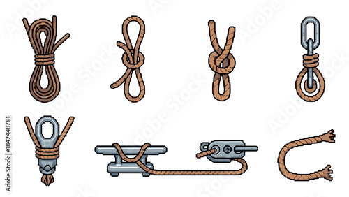 Nautical knot guide with marine equipment in retro pixel art style