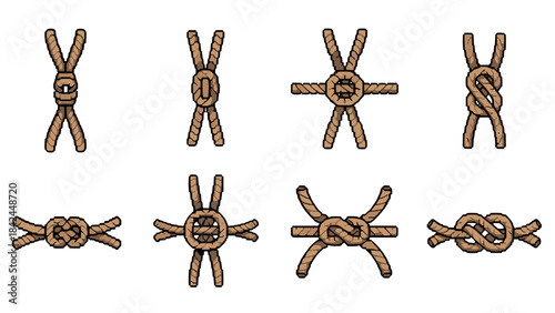 Detailed collection of nautical knots in pixel art style for seamanship enthusiasts