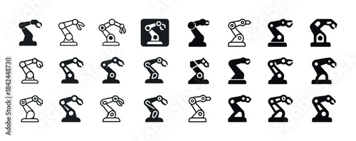 Set of robotic arm icons in various styles and designs
