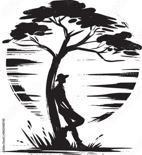 Solitary figure resting against tree silhouette in monochrome co