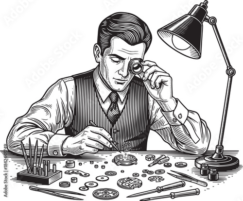 Engraved illustration of a watchmaker repairing a timepiece with