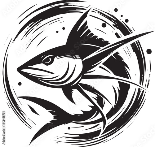 Elegant black and white swordfish encircled by artistic brushstr