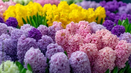 A stunning display of multi-colored hyacinths fills the garden, showcasing shades of purple, pink, and yellow. The blooms create a lively atmosphere in the warm sunshine