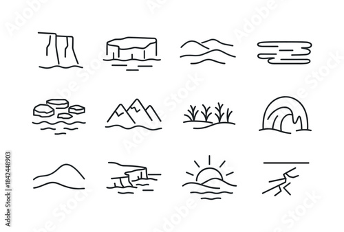 Arctic Icons Grid. Arctic landscape. Line icon set of arctic lan