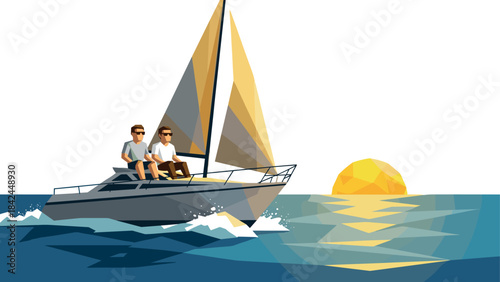 Geometric sailing adventure at sunrise with low polygon design