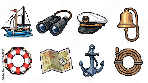 Nautical pixel art set featuring sailboat, binoculars, captain hat, bell, lifebuoy, map, anchor, rope
