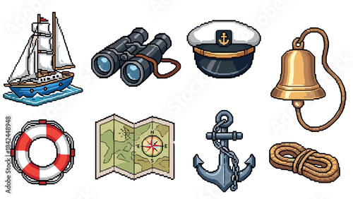 Nautical pixel art icons with sailboat, anchor, and map for marine adventures