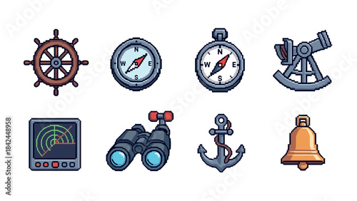 Nostalgic nautical adventure icons in pixel art style with compass and anchor