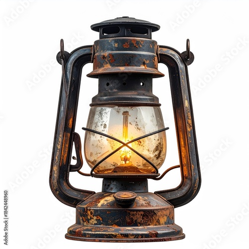 Rusty lantern glows, glass reflects light