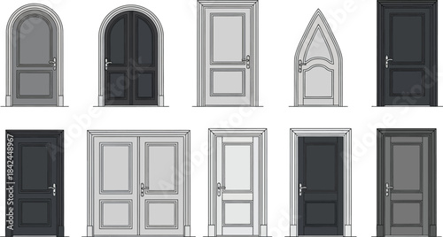 Minimalist cad style door vector set for architectural projects isolated on transparent background, Vector