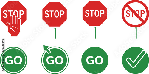 Stop and go traffic signs and symbols on white background Keywords: stop, go, sign, traffic, symbol, red, green, octagon, circle, arrow, check