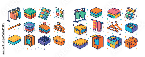 Colorful clothing and storage solutions illustrated in vibrant s