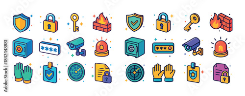 Colorful security icons featuring locks, cameras, safes, and fir
