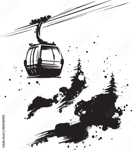 Abstract winter mountain landscape with gondola, sumi-e brush st