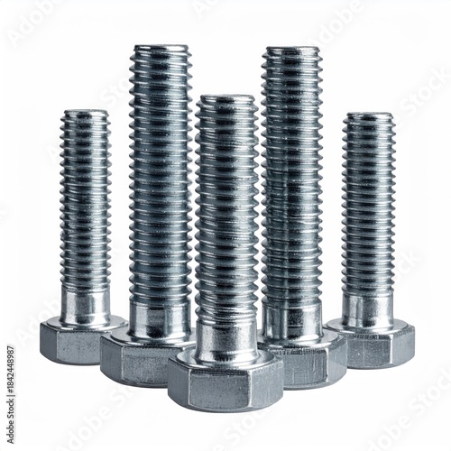 Group of five metallic bolts, arranged by height