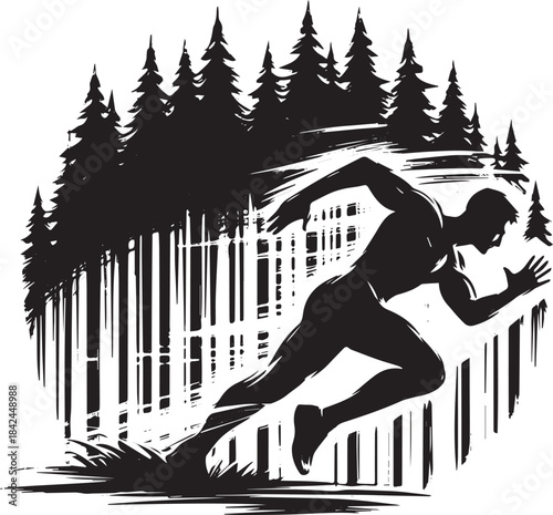 Monochrome illustration of a sprinter in a woodland brushstroke