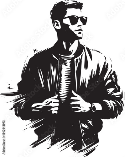 Stylish man with bomber jacket and sunglasses in monochrome sumi