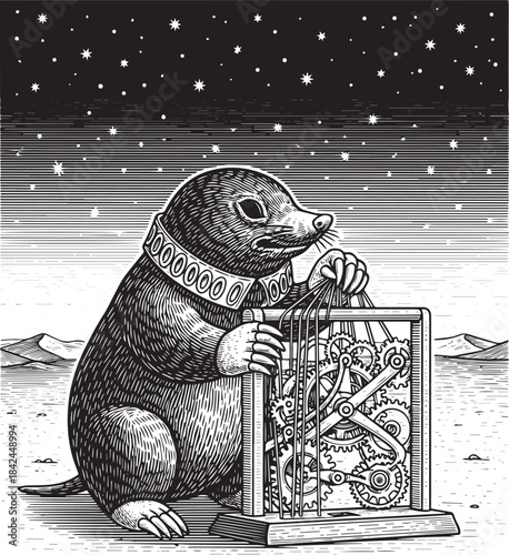 Engraved Mole with Intricate Mechanism Under Starry Skies in Ret