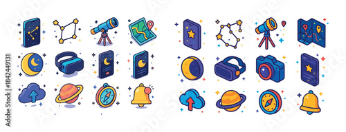 Colorful space exploration icons with telescopes, planets, and m