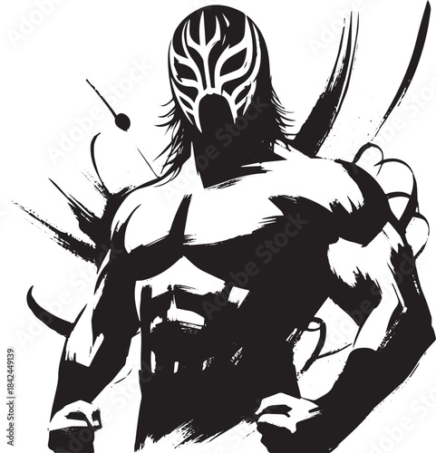Monochrome Sumi-e Illustration of a Powerful Male Luchador Figur