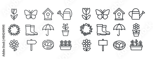 Garden icons set: flowers, tools, and nature symbols in line art