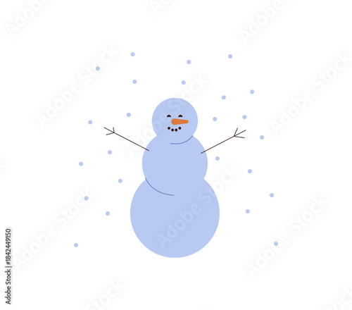 smiling snowman is under snowfall. festive winter cold man character with arm sticks and carrot. vector illustration