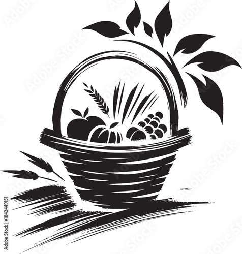 Brushstroke Harvest Basket: Sumi-e style illustration of fresh p