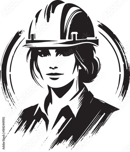 Stylized female construction worker illustration with helmet pro
