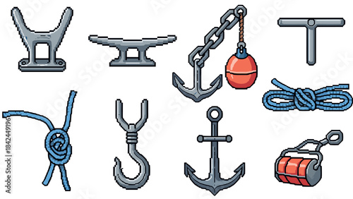 Nautical pixel art icons: anchors, knots, ropes, and chains