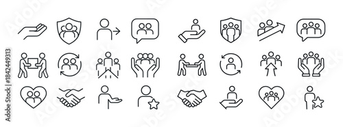 Set of minimalist human figures and interaction icons in line ar