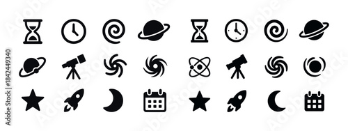 Space and time icons: planets, telescopes, clocks, and calendars