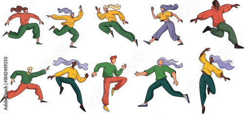 Minimalist cad style dynamic people vector set for cad project illustrations isolated on transparent background, Vector