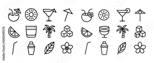 Tropical icons collection: cocktails, palm trees, fruits, and fl