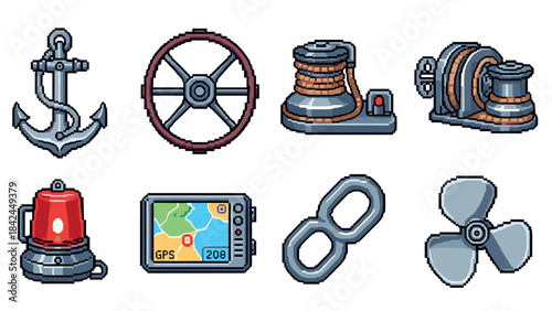 Nautical icons in pixel art style showcasing marine equipment collection