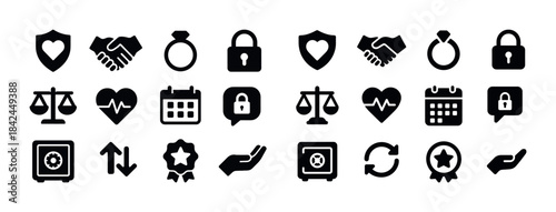 Diverse black icon set featuring security, health, and communica