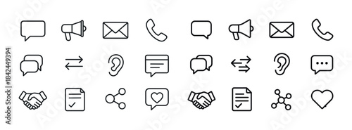 Communication icon set: message, email, phone, ear, handshake, h