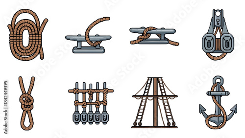 Pixel art nautical elements: knots, anchors, and rigging symbols in marine style