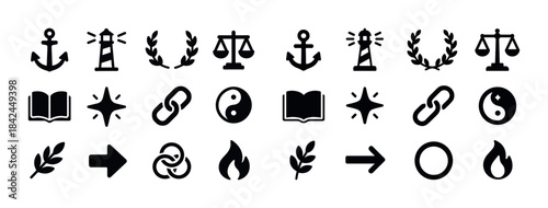 Set of nautical, balance, and nature-themed icons in black silho